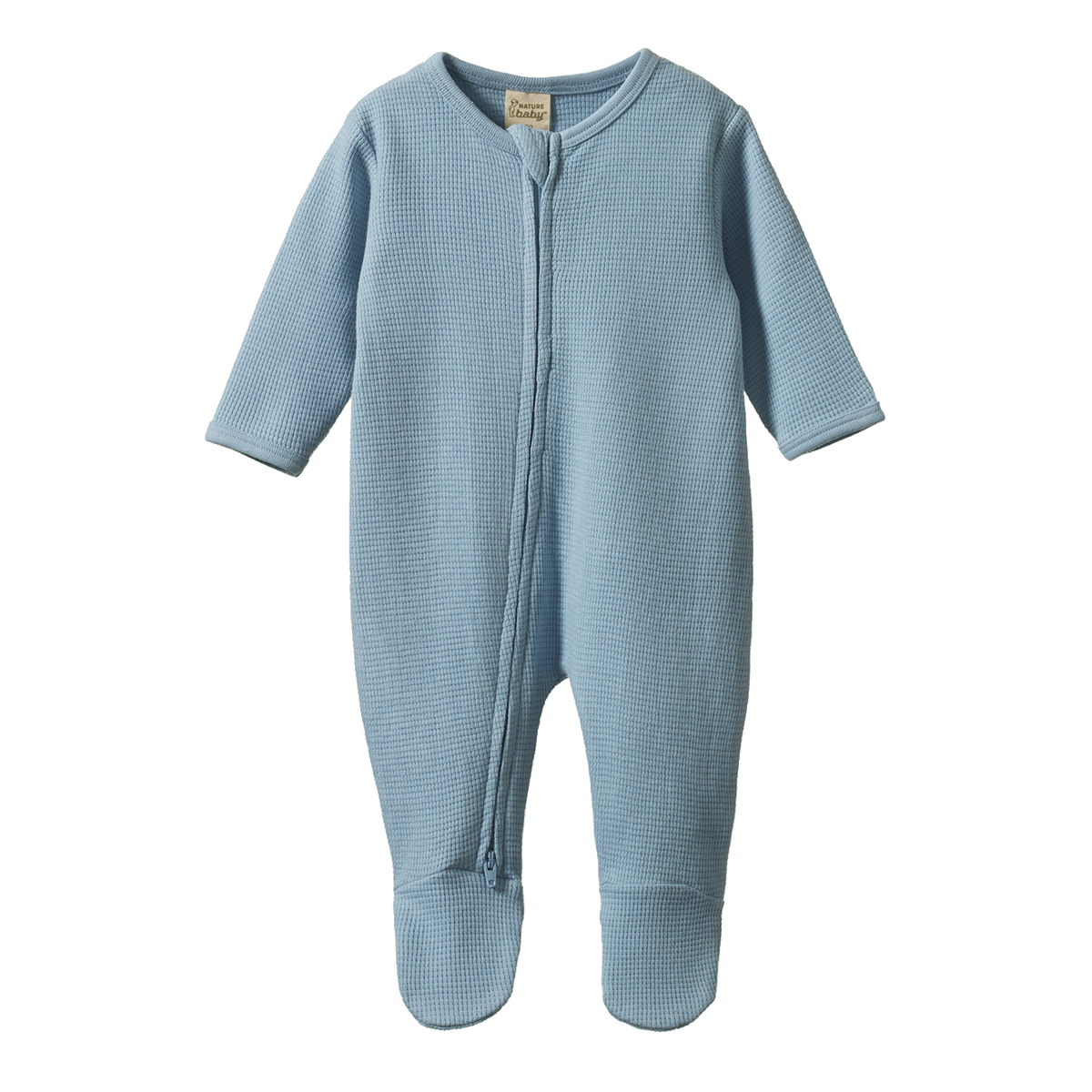 A light blue waffle-knit baby footed sleeper with a front zipper, shown against a plain white background.
