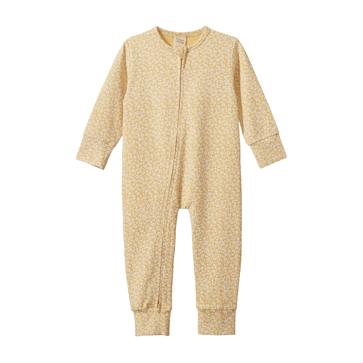 A baby long-sleeve footless one-piece sleeper in a light yellow and white floral pattern, featuring a front zipper closure, shown against a plain white background.