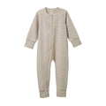 Brown and cream Striped baby zip onesie without feet on a white background