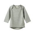 Gray merino baby long sleeve shirt with envelope neckline on a white background