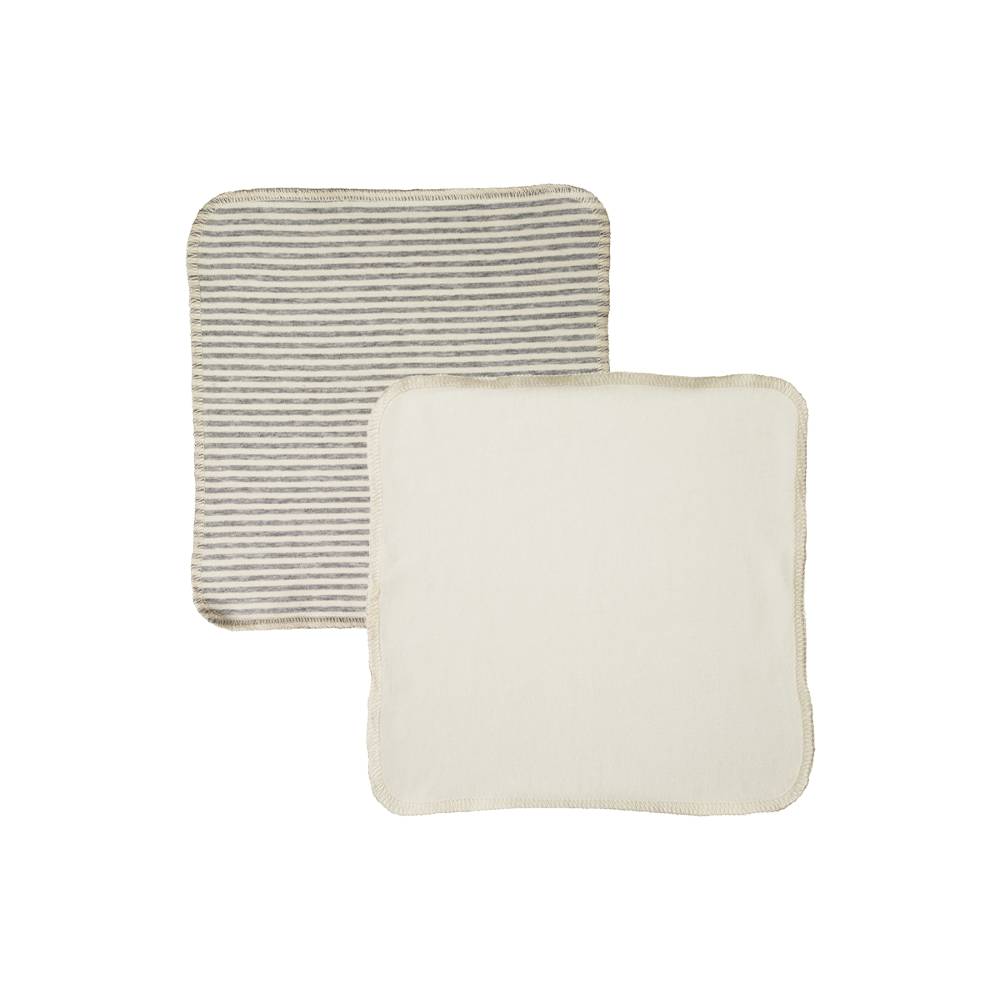 Two rectangular pieces of organic cotton jersey wash cloth, one striped and one solid white, on a white background