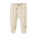 Cotton pointelle baby pants with a floral pattern on a white background. 