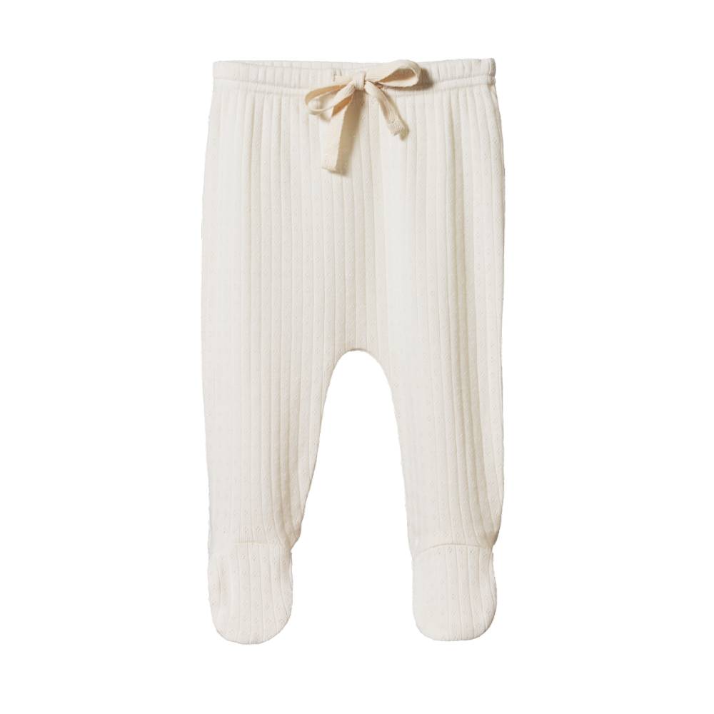 White ribbed pointelle cotton baby  footed pants with a drawstring on a white background