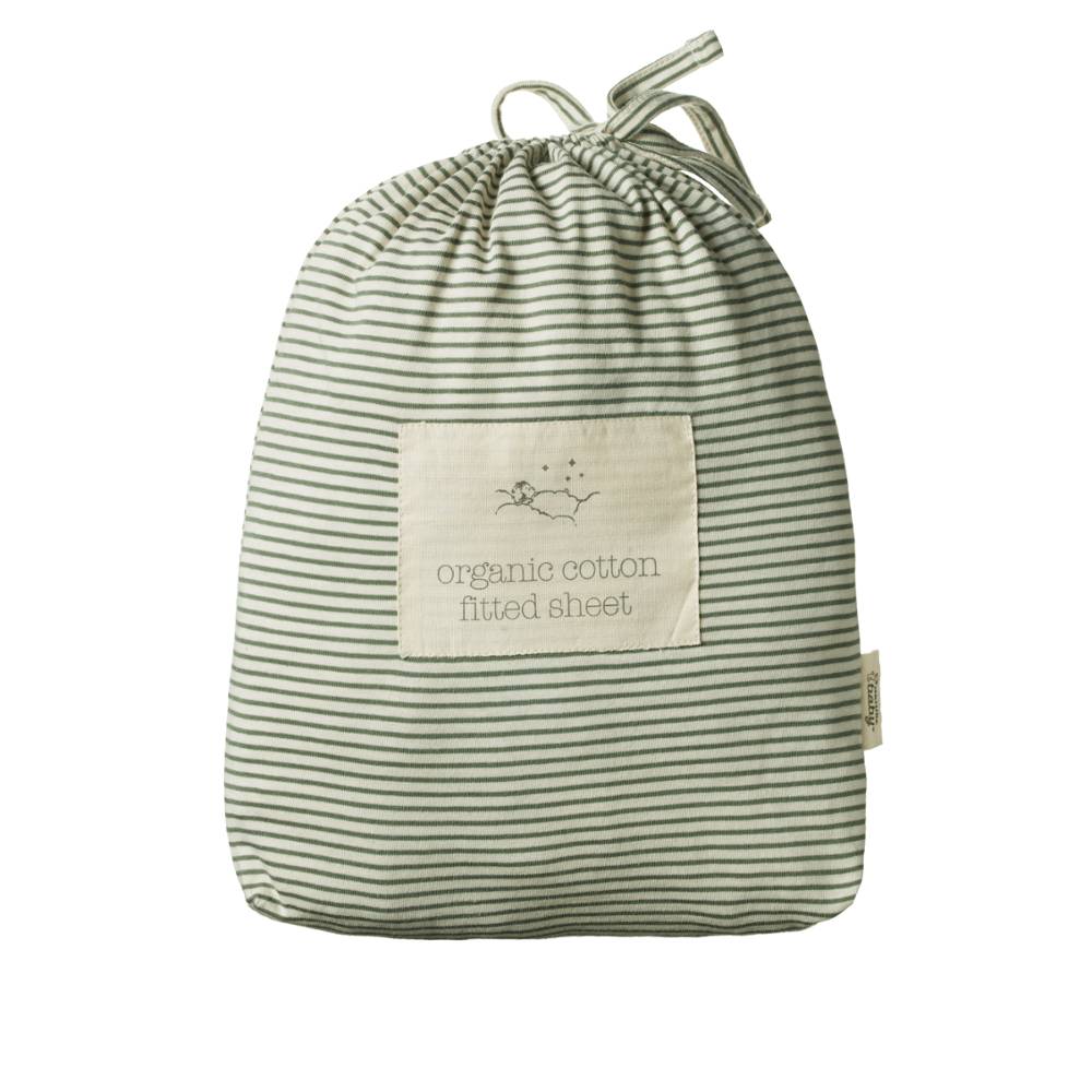 Green and cream striped organic cotton fitted sheet packaging on a white background