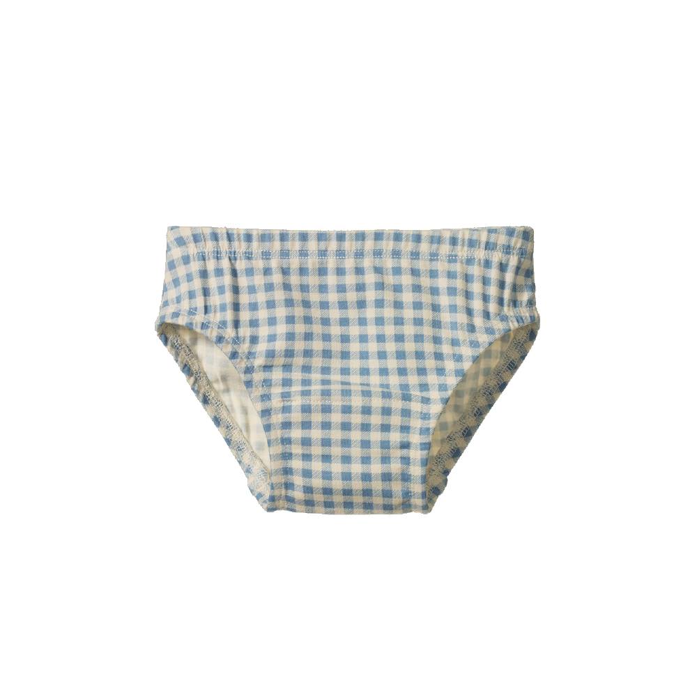 A pair of girls  briefs featuring a blue and white gingham checkered pattern, shown flat against a solid white background.