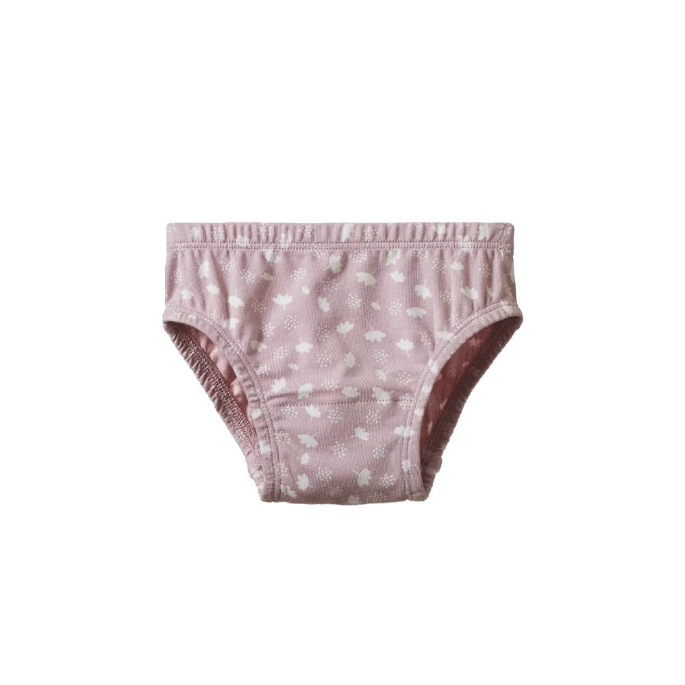 Nature Baby Jersey Girls Underwear Dandelion Lilac print on a white background. 