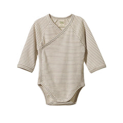 Cotton Long Sleeve Kimono Bodysuit - Mushroom Pinstripe