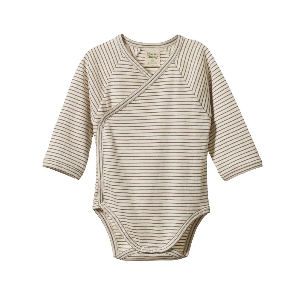 Brown and cream striped baby kimono bodysuit with long sleeves on a white background