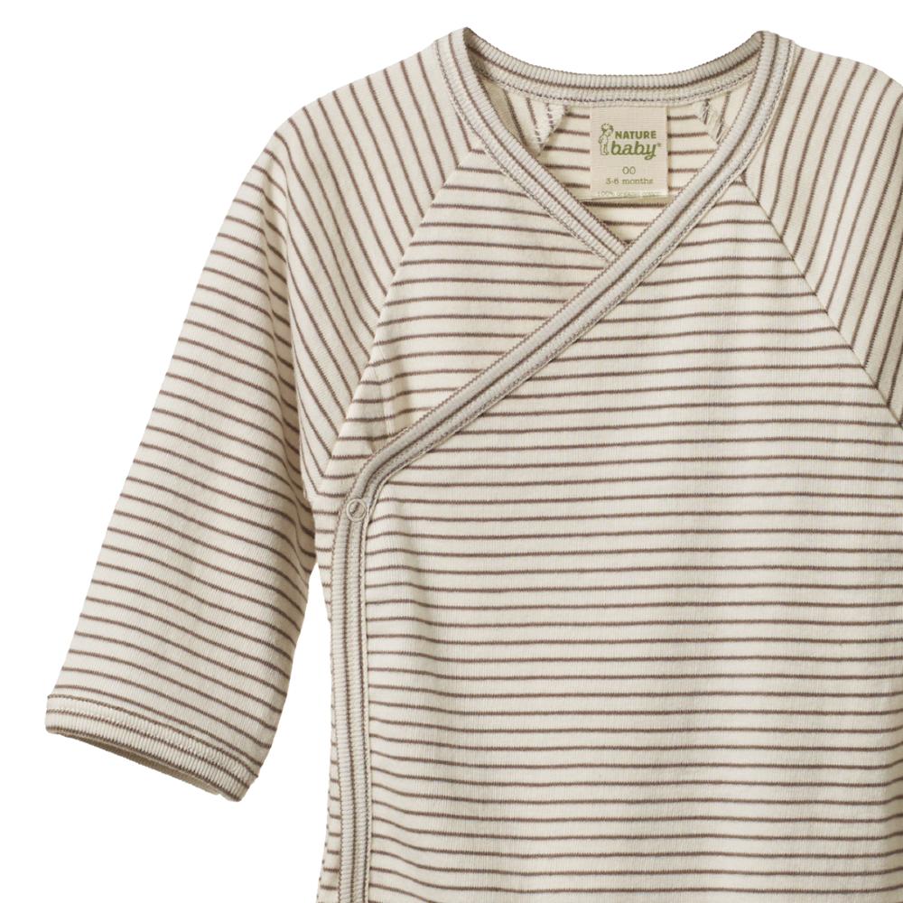 Cotton Long Sleeve Kimono Bodysuit - Mushroom Pinstripe