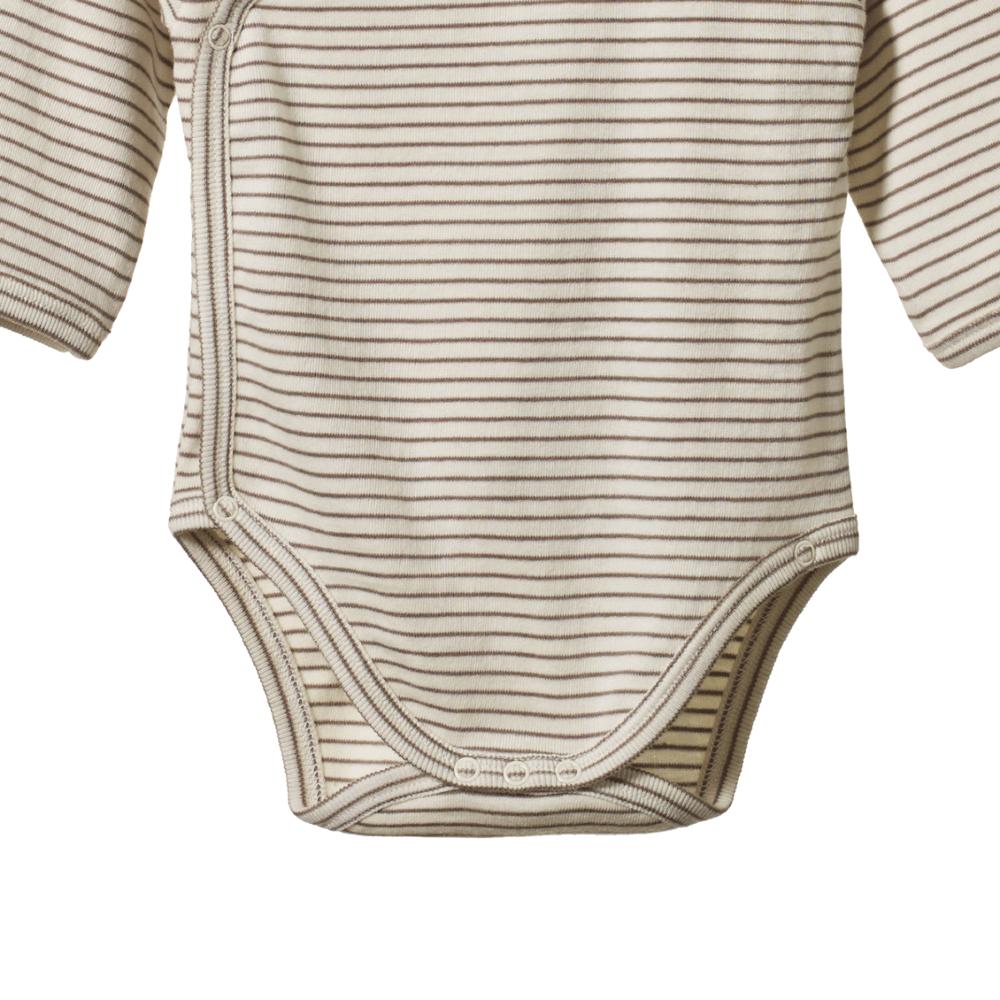 Cotton Long Sleeve Kimono Bodysuit - Mushroom Pinstripe
