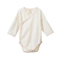 Cream organic cotton baby kimono style bodysuit with long sleeves on a white background