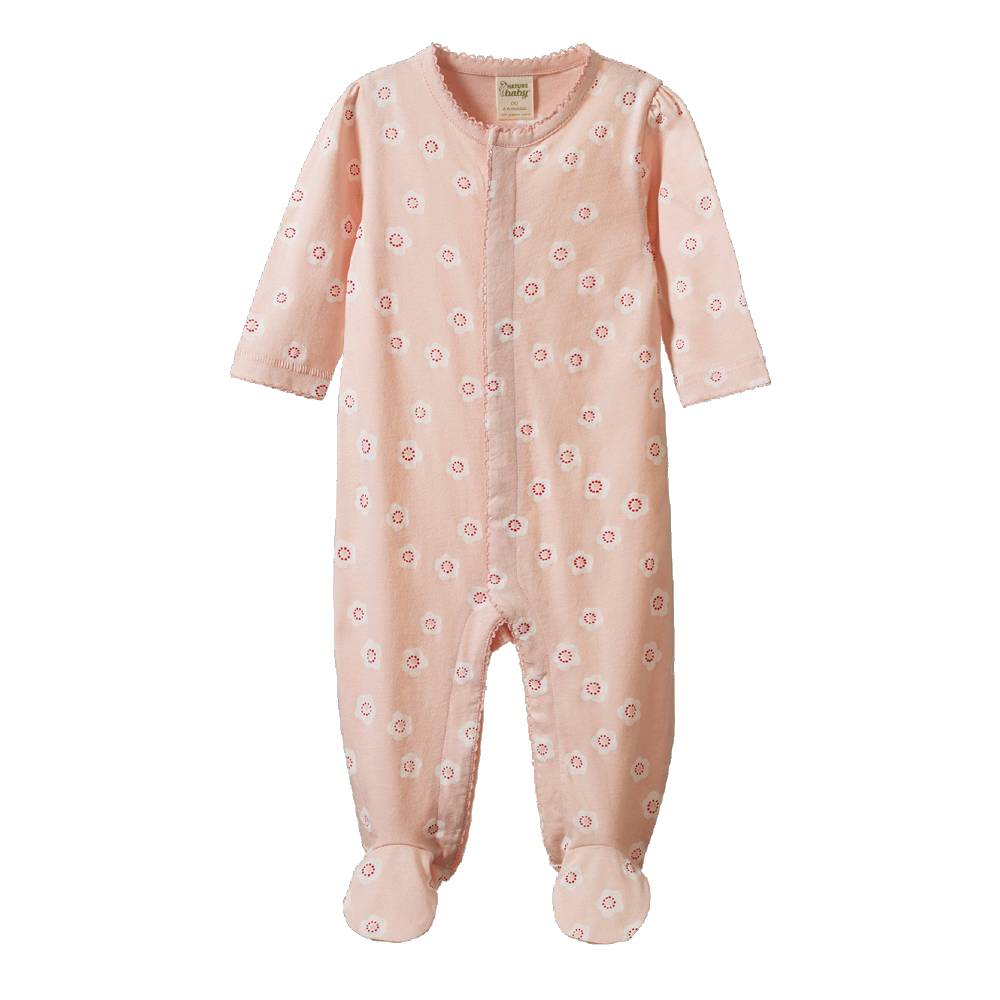A baby's long-sleeve footed sleeper in a soft peach-pink color, featuring a delicate all-over pattern of small white and pink floral motifs. The sleeper has a round neckline, snap-button front closure, and matching foot covers, shown against a plain white background.