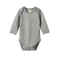 grey nature baby merino baby bodysuit with long sleeves and envelope neck on a white background