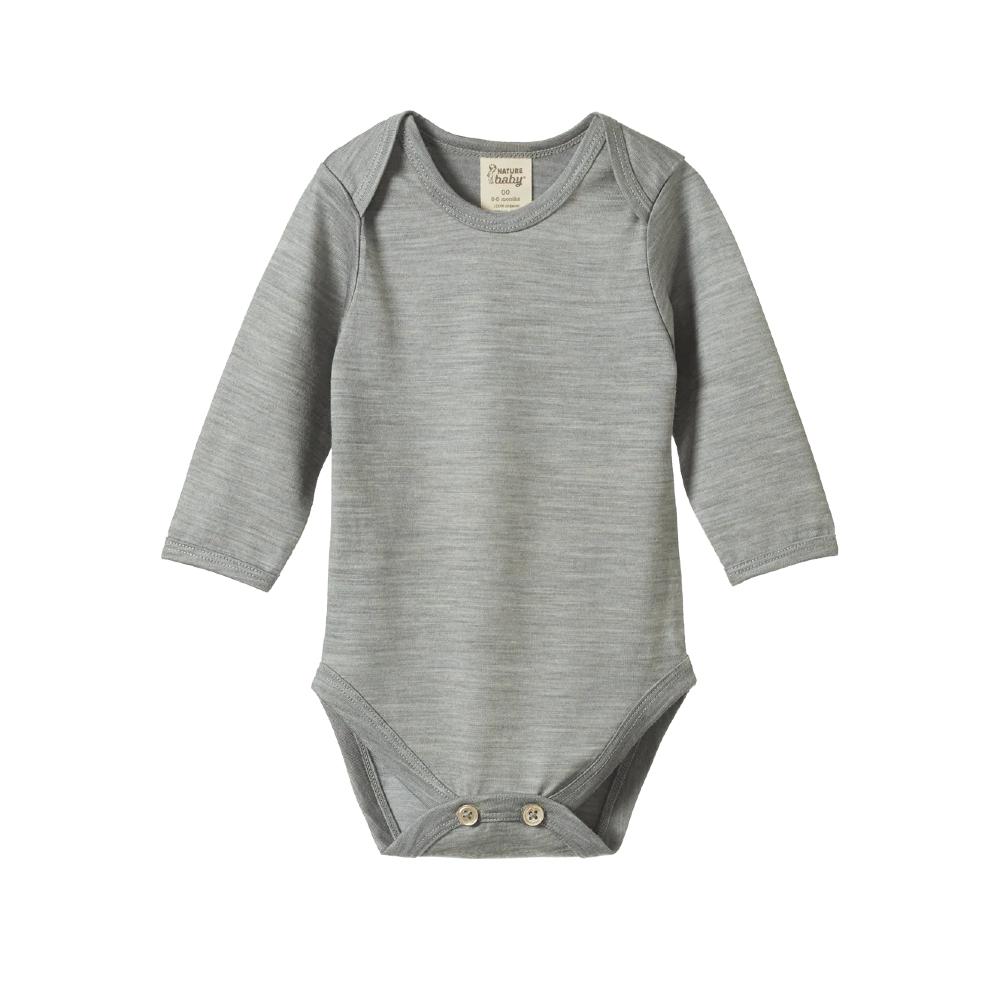 grey nature baby merino baby bodysuit with long sleeves and envelope neck on a white background