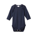 Navy blue merino baby bodysuit with long sleeves and envelope neck on a white background