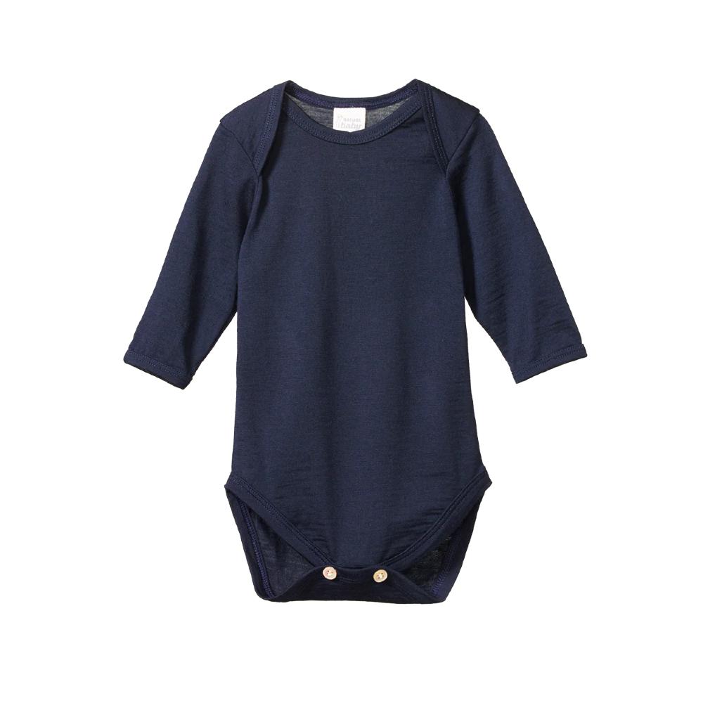 Navy blue merino baby bodysuit with long sleeves and envelope neck on a white background