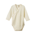 Cream-coloured merino pointell kimono style baby bodysuit on a white background