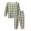 A two-piece children's pajama set featuring a long-sleeve top and matching pants in a green and cream gingham check pattern, displayed on a solid white background.