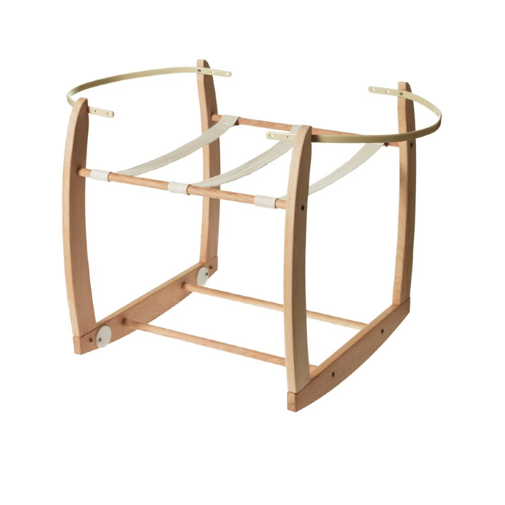 Wooden rocking moses basket stand with white straps on a white background