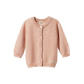 Pink merino knitted Nature Baby cardigan with buttons on a white background