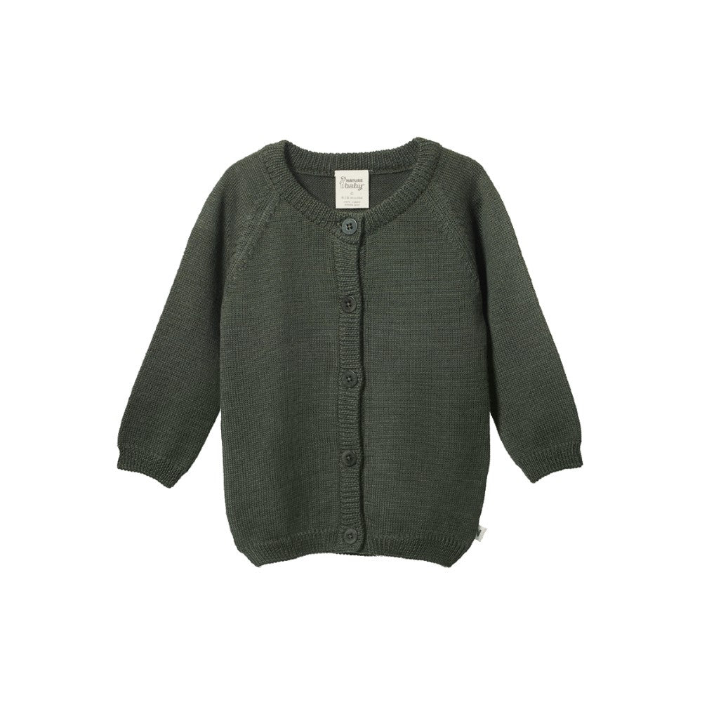 Forest Green merino knitted baby cardigan on a white background