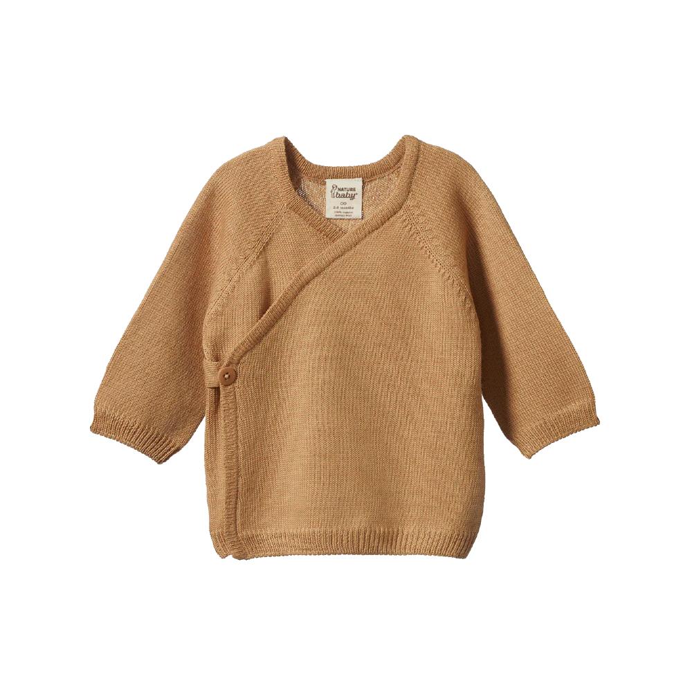 Brown caramel kimono style merino knitted baby cardigan on a white background