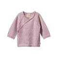 Lilac coloured baby kimono knitted cardigan on a white background