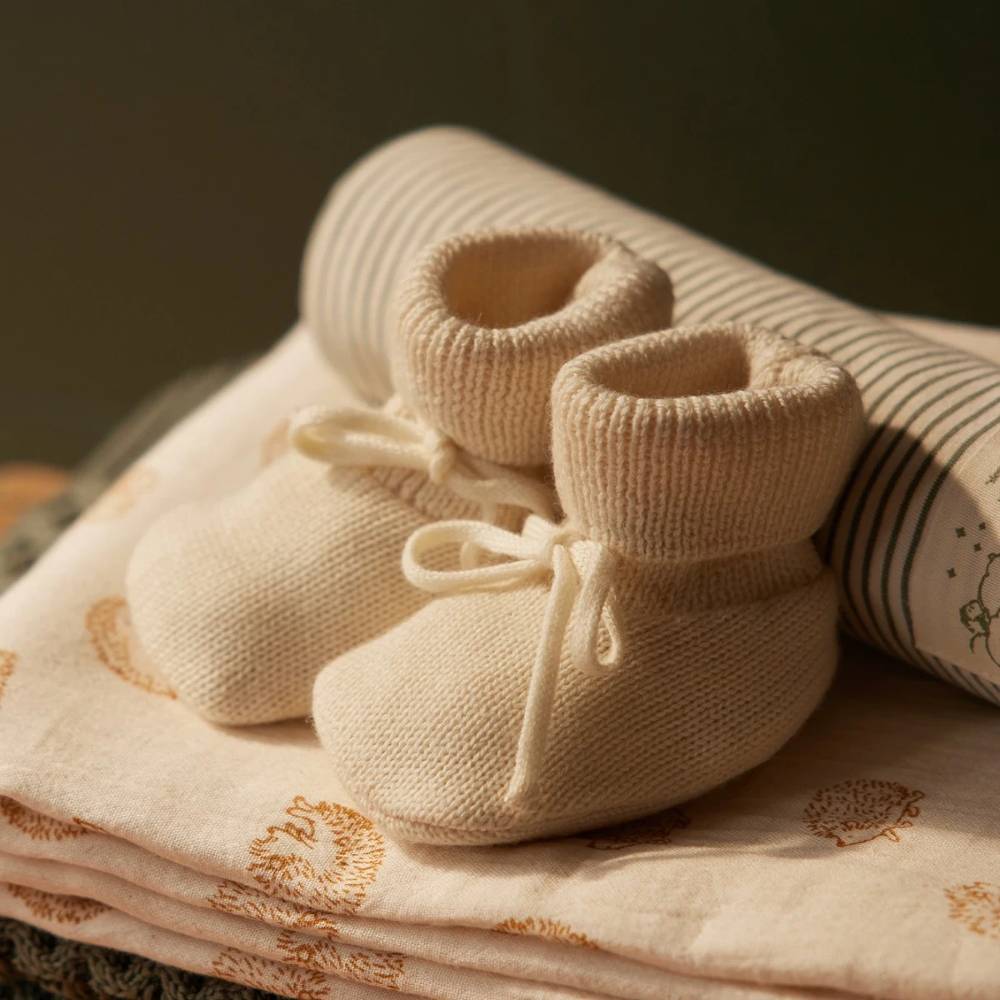 Cream merino knit baby booties on a stack of folded fabric with a dark background