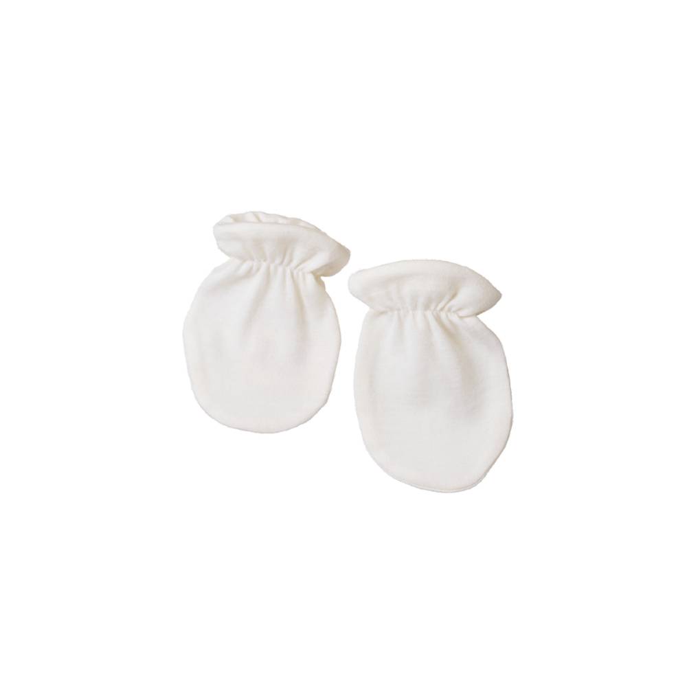 Pair of white merino elasticated baby mittens from Nature Baby on a white background