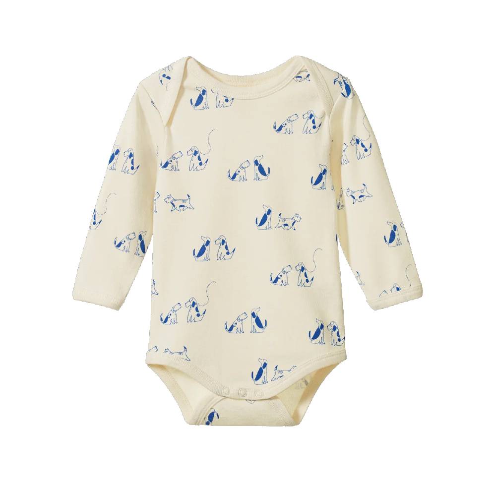 A long-sleeve baby bodysuit in cream with a blue cartoon dog print, shown flat against a white background.