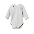 white and grey cotton baby bodysuit with long sleeves and envelope neck on a white background