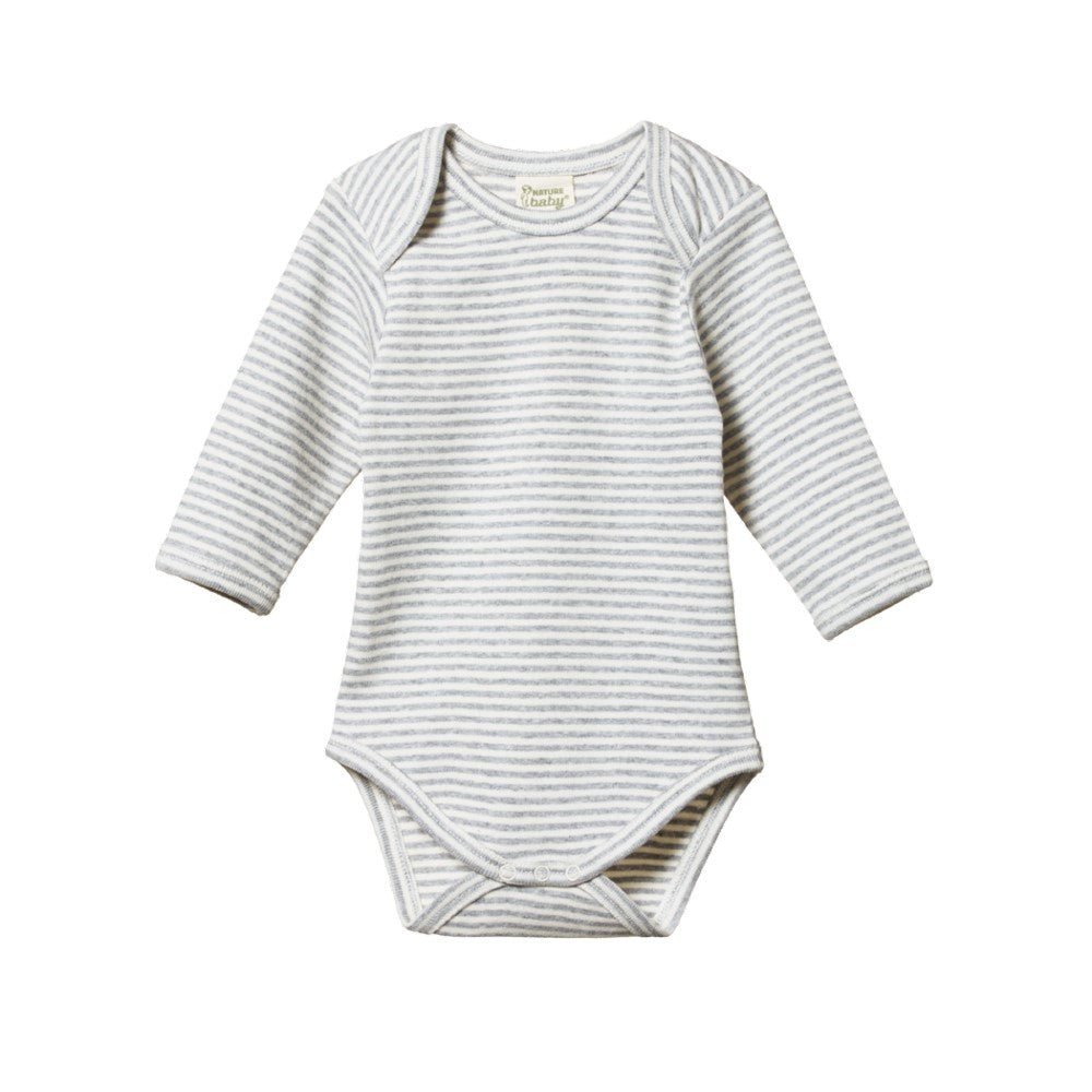 white and grey cotton baby bodysuit with long sleeves and envelope neck on a white background