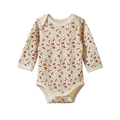 A long-sleeve baby bodysuit with a dense floral print on a cream background, featuring a solid cream collar, cuffs, and leg openings.