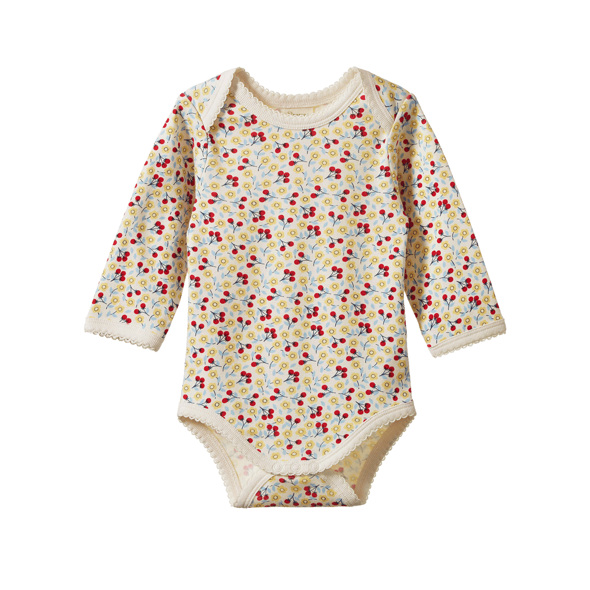 A long-sleeve baby bodysuit with a dense floral print on a cream background, featuring a solid cream collar, cuffs, and leg openings.