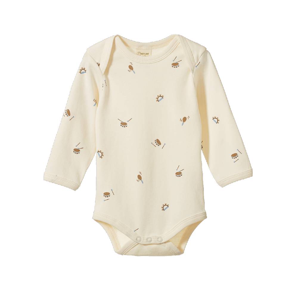 A long-sleeve cream-colored baby bodysuit with a small brown and yellow instrument pattern, displayed flat against a solid white background.