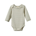Green and cream Striped baby cotton long sleeve bodysuit with envelope neck on a white background