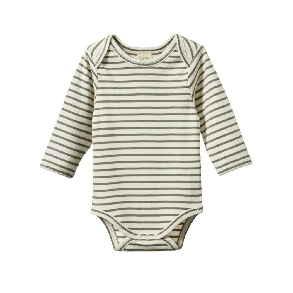 Green and cream Striped baby cotton long sleeve bodysuit with envelope neck on a white background