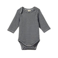 Navy and cream cotton baby bodysuit with long sleeves and envelope neck on a white background