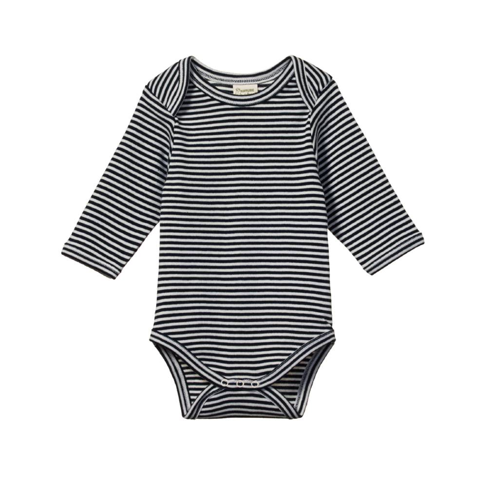 Navy and cream cotton baby bodysuit with long sleeves and envelope neck on a white background