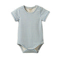 A short-sleeve baby bodysuit with a light blue and white gingham check pattern, shown flat against a solid white background.