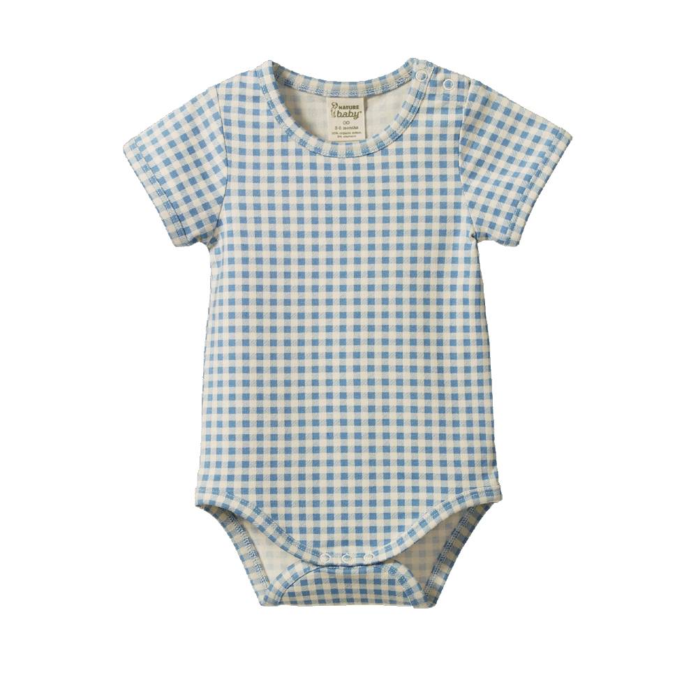 A short-sleeve baby bodysuit with a light blue and white gingham check pattern, shown flat against a solid white background.