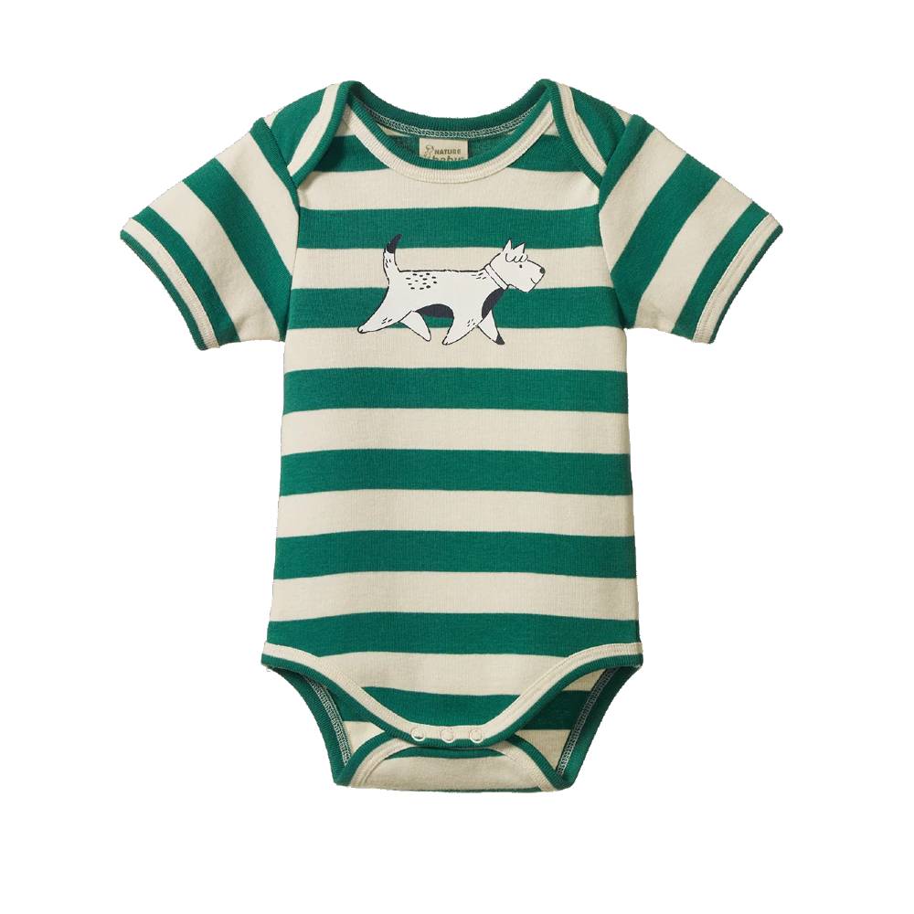 A baby short-sleeve bodysuit with horizontal green and cream stripes, featuring a black and white dog graphic on the chest, shown against a plain white background.