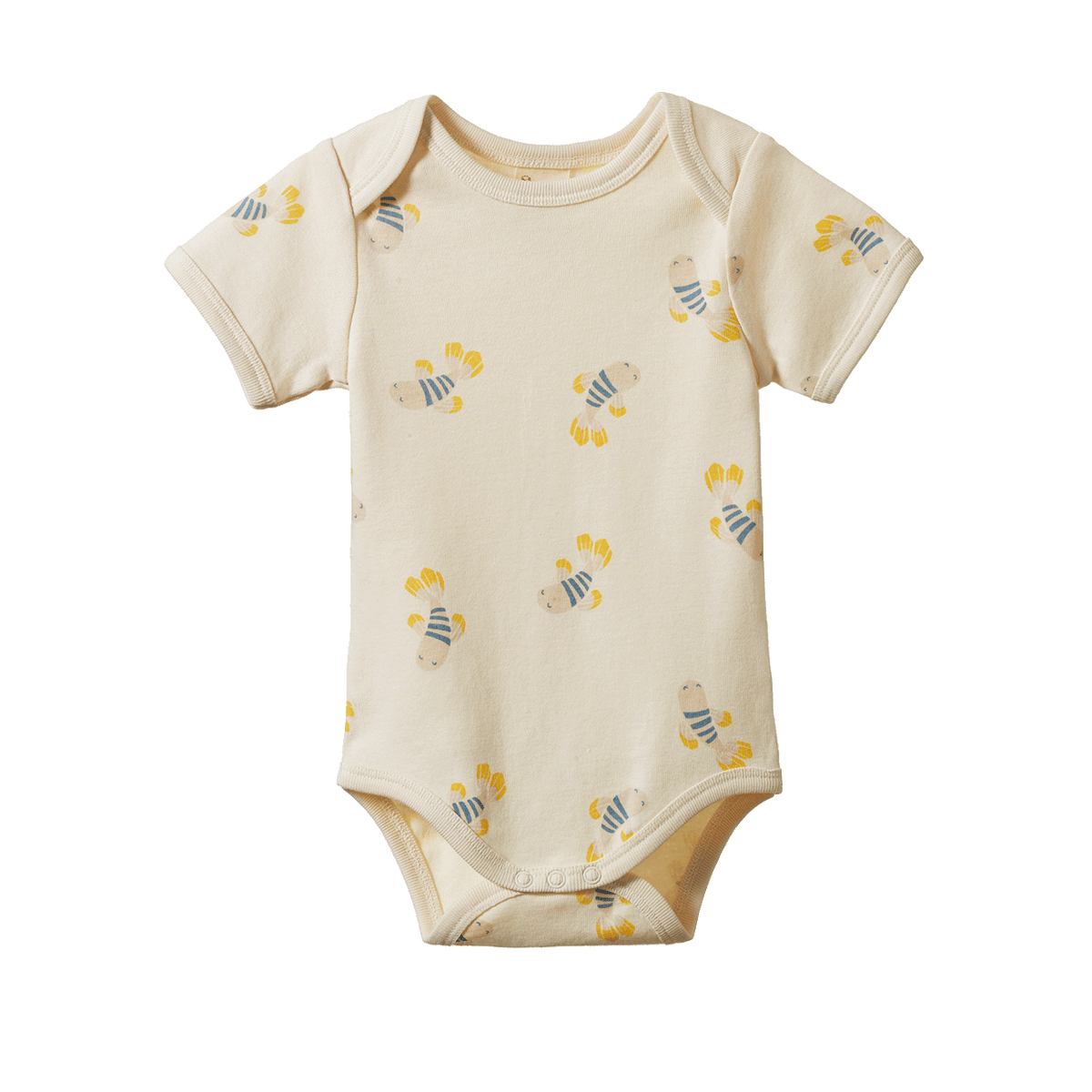 A short-sleeve baby bodysuit in cream with a repeating pattern of small striped fish in yellow, blue, and white, shown flat against a solid white background.