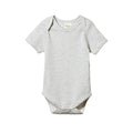 cream and grey striped cotton baby bodysuit with short sleeves and envelope neck on a white background