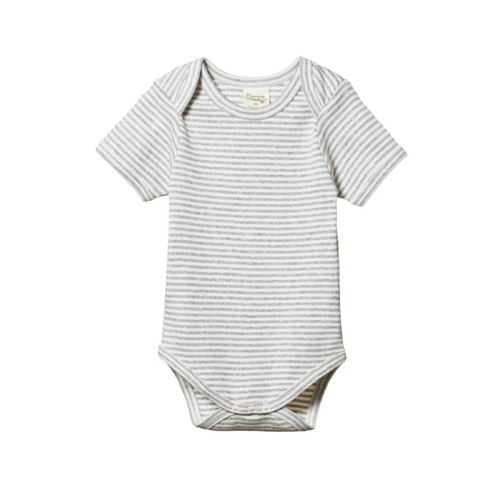 cream and grey striped cotton baby bodysuit with short sleeves and envelope neck on a white background