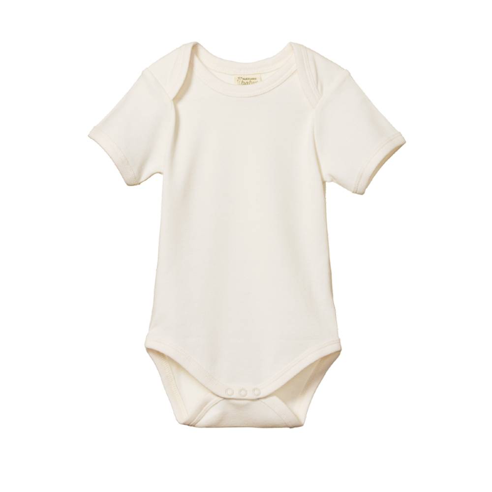 cream cotton baby bodysuit with short sleeves and envelope neck on a white background