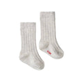 Pair of light grey cotton rib socks with red sizing printed on foot on a white background