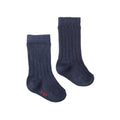 Pair of navy cotton rib socks with red sizing printed on foot on a white background
