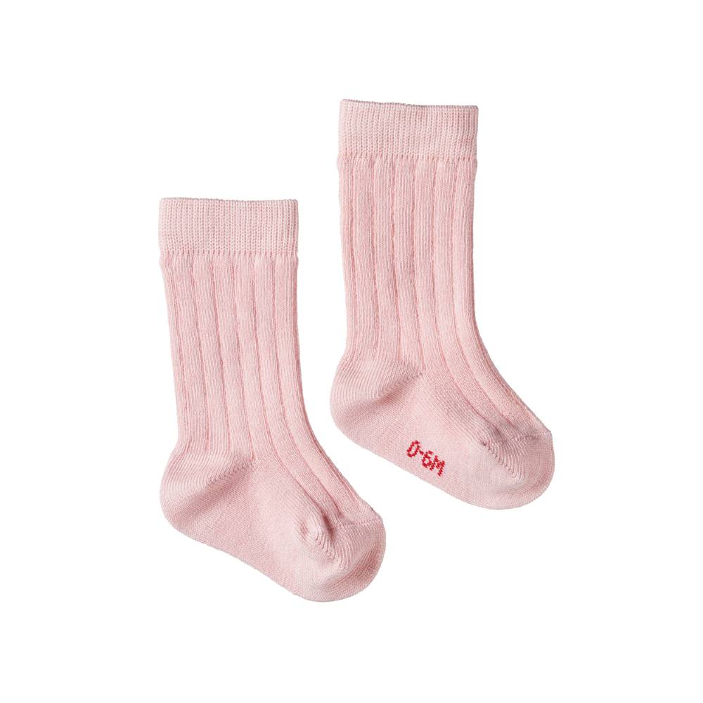 Pair of rose pink cotton rib socks with red sizing printed on foot on a white background