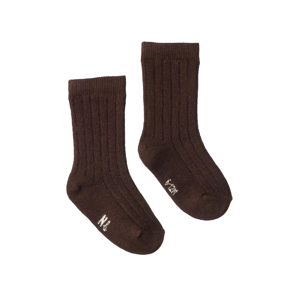 Pair of brown cotton rib socks with 'Nb' and sizing printed on foot on a white background